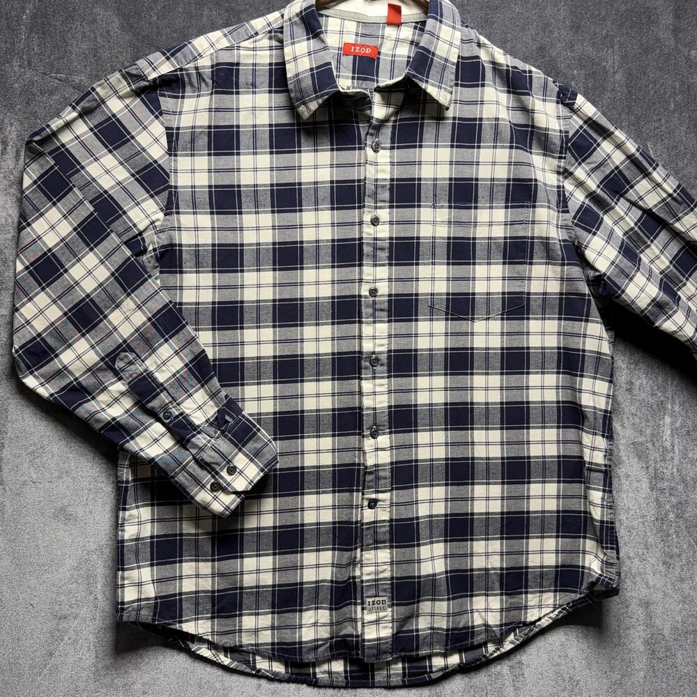 IZOD Shirt Mens Large Blue Plaid Long Sleeve Button Up Cotton Pocket Casual